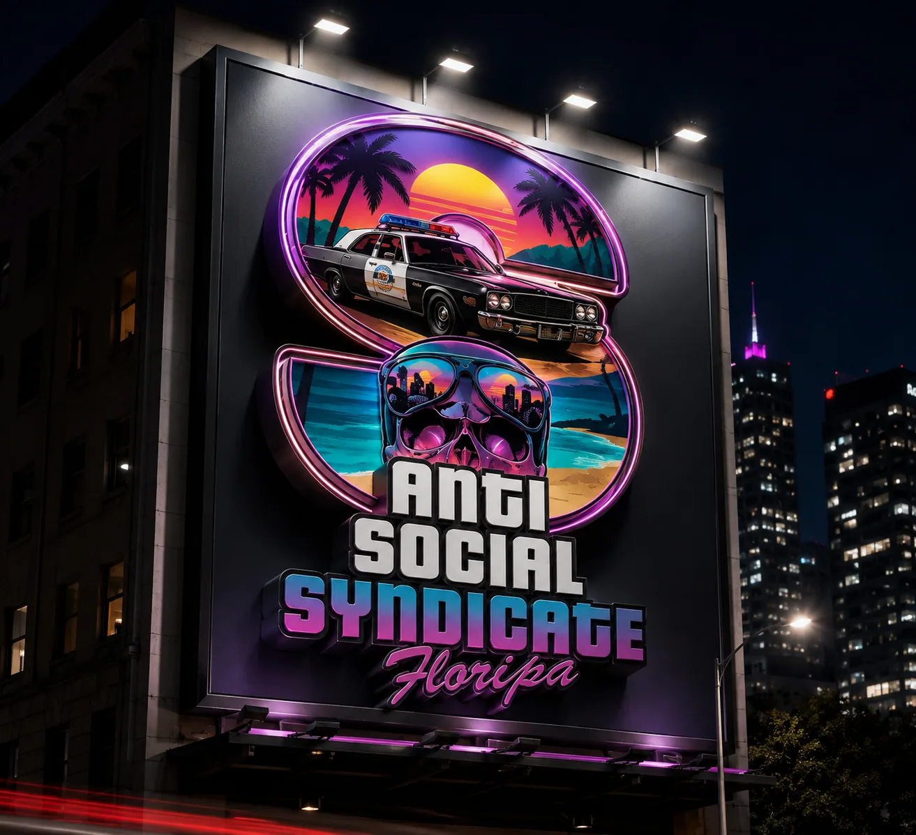 Outdoor iluminado à noite com a logomarca Anti Social Syndicate em neon roxo e rosa