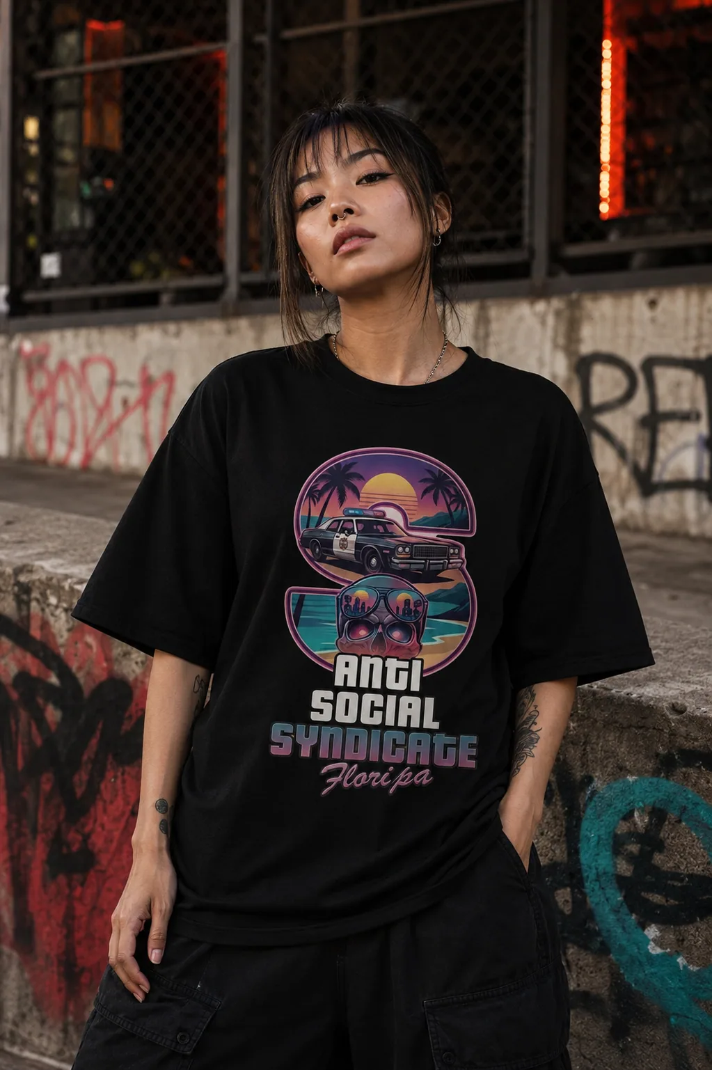 Pessoa vestindo camiseta preta com o logo Anti Social Syndicate
