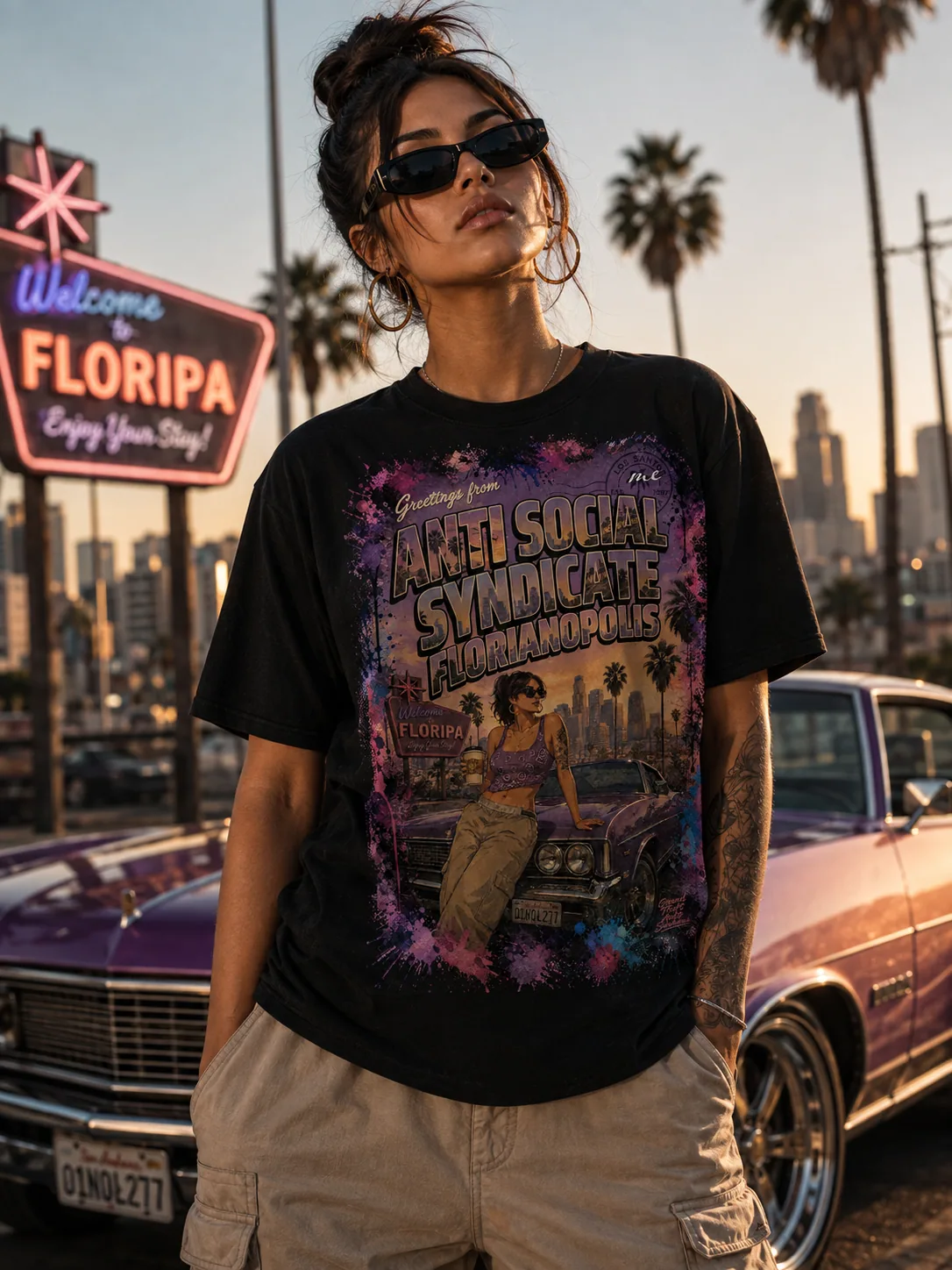 Pessoa vestindo camiseta preta com arte de cartão-postal de Florianópolis feita sob medida