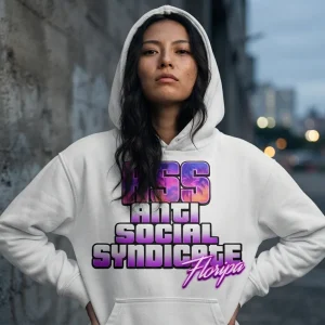 Moletom branco com o letreiro ASS Anti Social Syndicate Floripa em degradê roxo e rosa