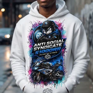 Moletom branco com estampa de motociclista e moto superesportiva em azul