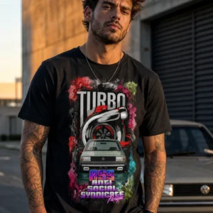 Camiseta preta com estampa de turbina e carro rebaixado sob a palavra Turbo