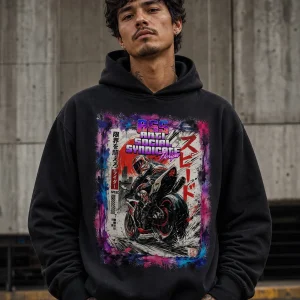 Moletom preto com estampa de motociclista em moldura com tipografia japonesa em vermelho