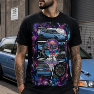 Camiseta preta com estampa de Honda Civic azul em colagem com rodas e respingo de tinta
