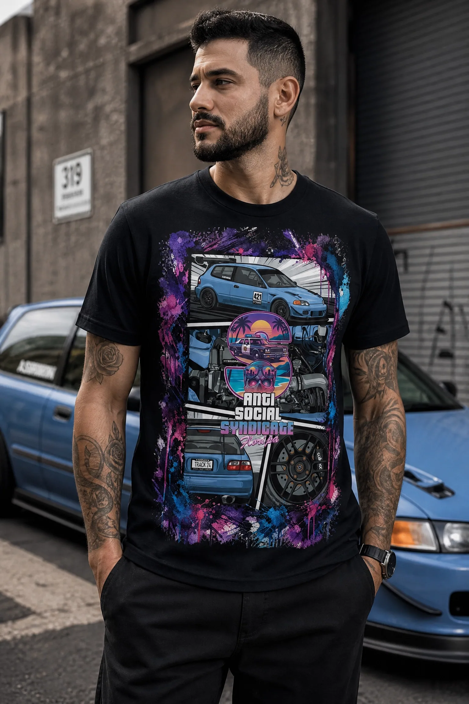 Camiseta preta com estampa de Honda Civic azul em colagem com rodas e respingo de tinta